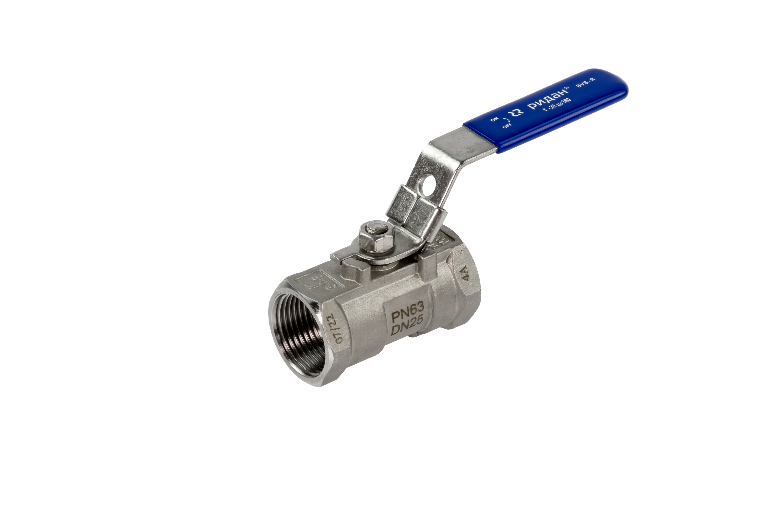 Ридан BVS-R 082X4603R — Шаровый кран резьбовой DN20 PN63, с рукояткой, корпус — коррозионностойкая сталь, шар — коррозионностойкая сталь AISI316; уплотнение по шару R-PTFE (15% C)