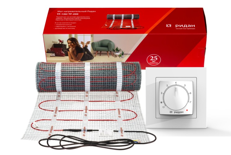 Ridan 21RT1010R — Розничный комплект для теплого пола: нагревательный мат Ridan TF-150 7 м² с терморегулятором Ridan Twist (белый)