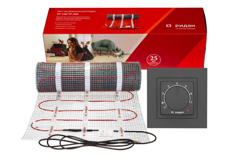 Ridan 21RT1086R — Розничный комплект для теплого пола: нагревательный мат Ridan TF-200 9 м² с терморегулятором Ridan Twist (черный)