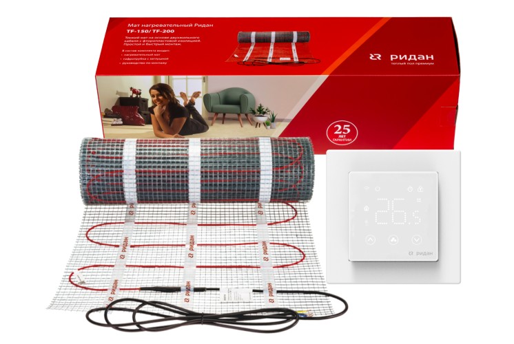 Ridan 21RT1114R — Розничный комплект для теплого пола: нагревательный мат Ridan TF-200 9 м² с терморегулятором Ridan Clever (черный)